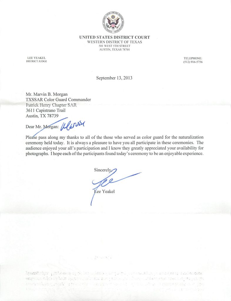 Letter from Judge Yeakel to Marvin Morgan