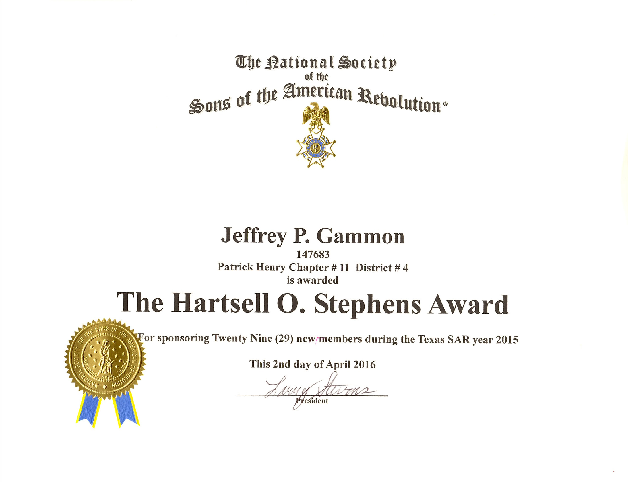 Hartsell O. Stephens Award Jeff Gammon