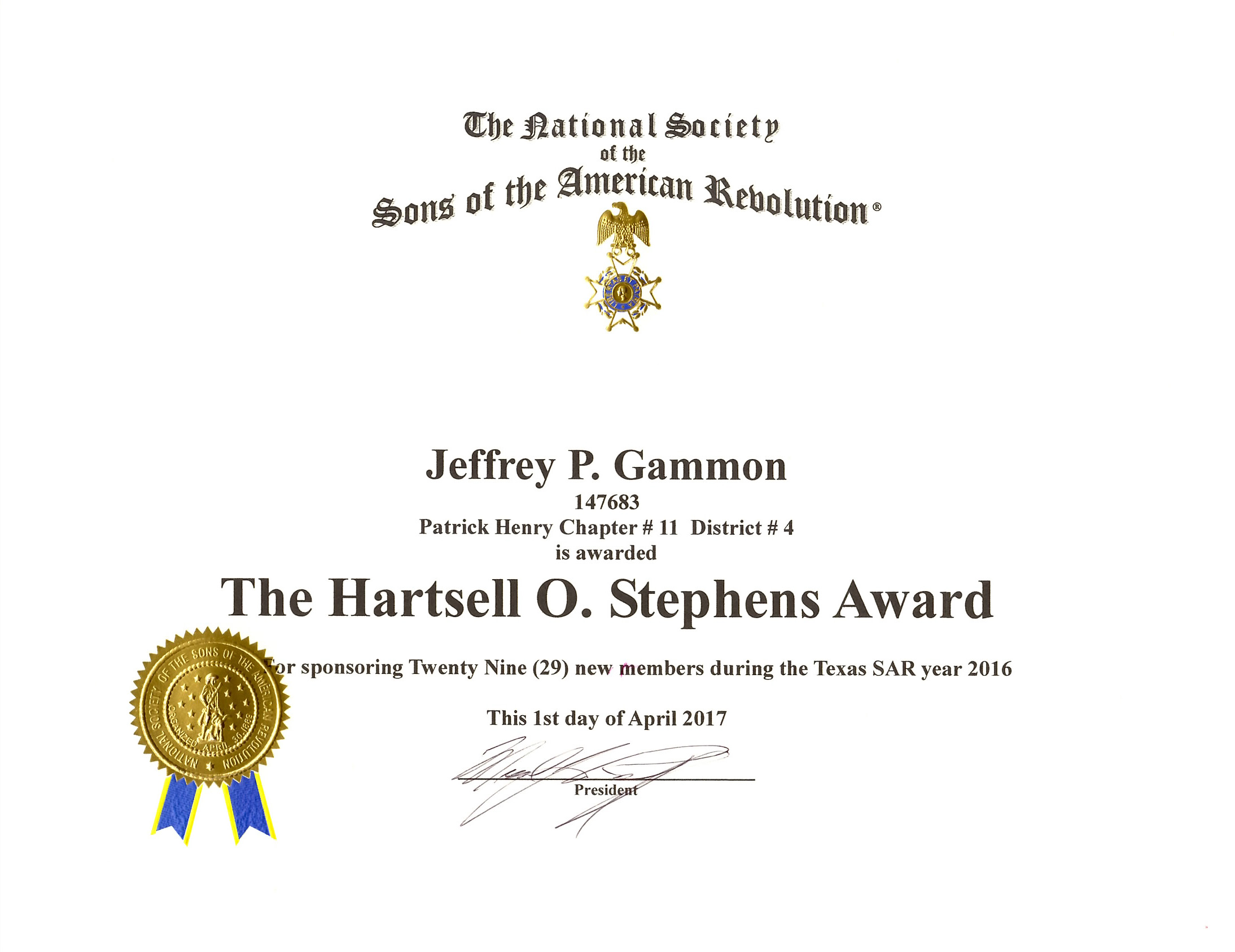 Hartsell O. Stephens Award Jeff Gammon